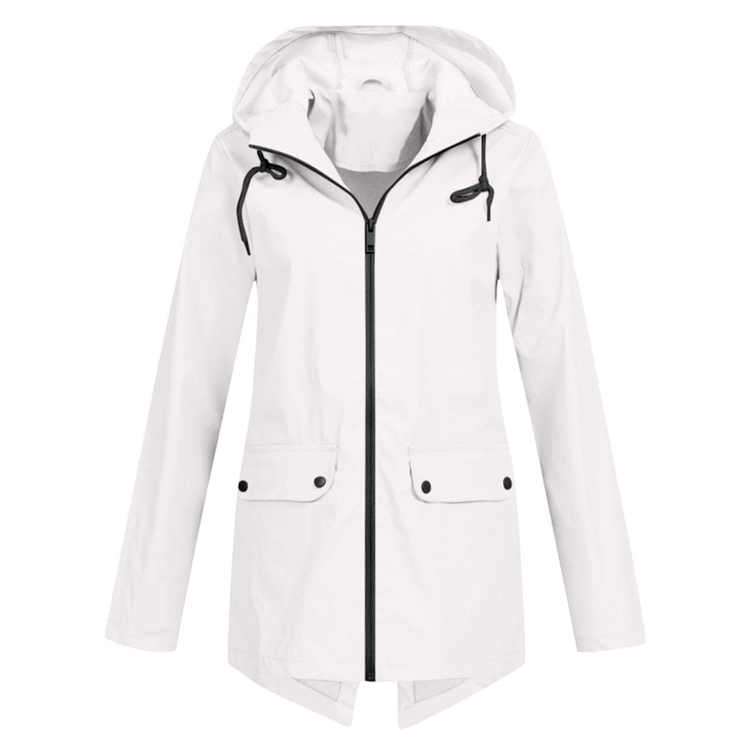 Women's water-resistant rain jacket relaxed fit mid-length adjustable hood city style
