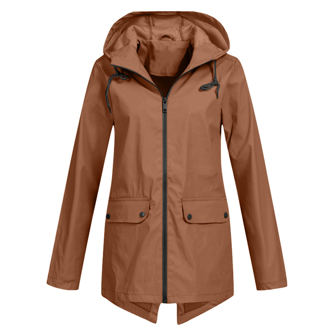 Women's lightweight hooded rain jacket in neutral tone, slim-fit silhouette with water-resistant shell