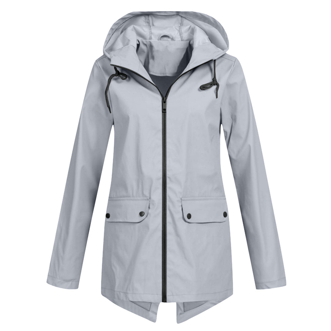 Women's lightweight hooded rain jacket in neutral tone, slim-fit silhouette with water-resistant shell