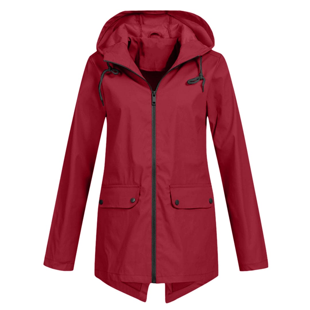 Women's water-resistant rain jacket relaxed fit mid-length with adjustable hood for city wear
