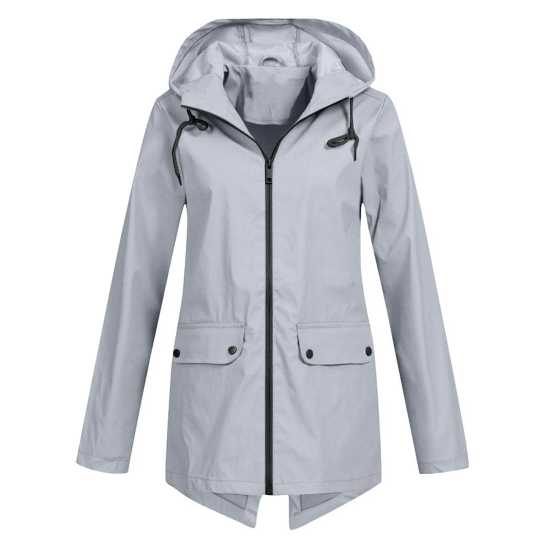 Women's water-resistant rain jacket relaxed fit mid-length adjustable hood city style