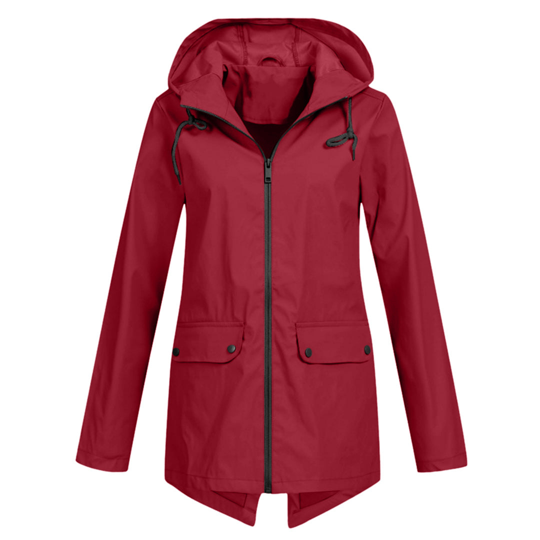 Women's lightweight hooded rain jacket in neutral tone, slim-fit silhouette with water-resistant shell