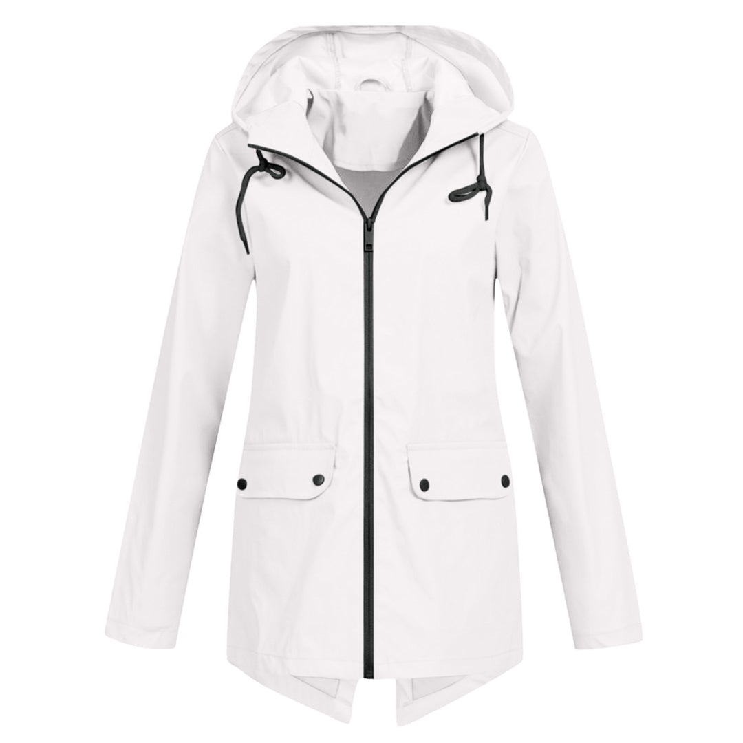 Women's lightweight hooded rain jacket in neutral tone, slim-fit silhouette with water-resistant breathable shell
