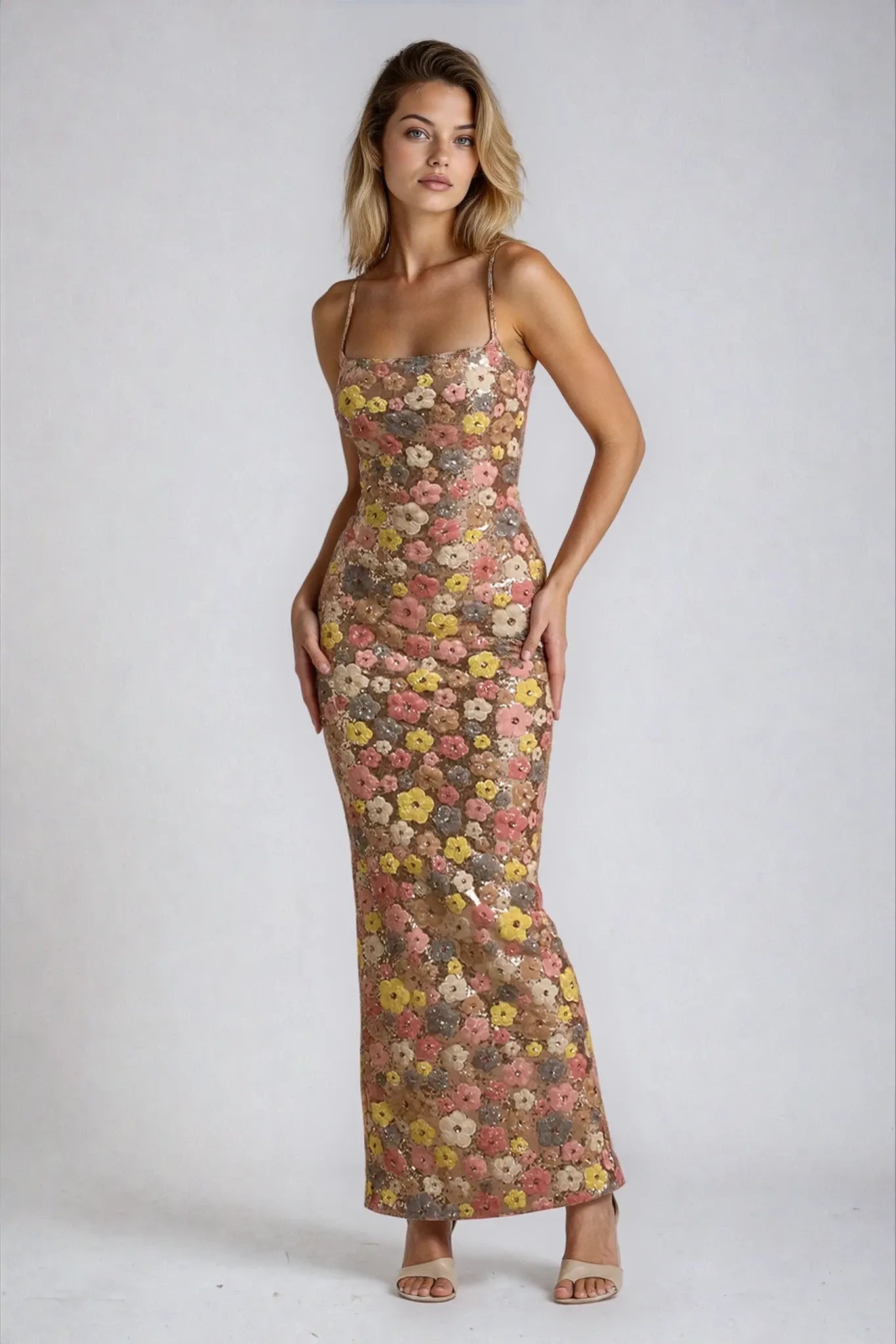 Women's floral sequin maxi gown, figure-skimming silhouette with delicate straps, shimmering evening dress