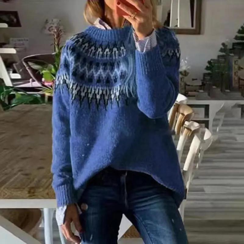 Women's Fair Isle crewneck jumper cozy relaxed fit with all-around yoke knit pattern
