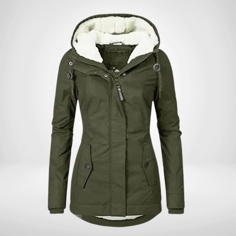 Women's waterproof fleece-lined rain jacket tailored fit hooded mid-length wool blend coat