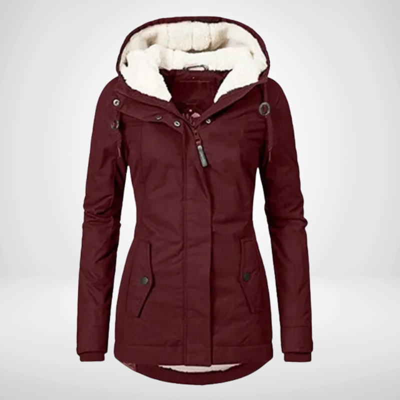 Women's waterproof fleece-lined hooded rain jacket tailored mid-length fit polished silhouette