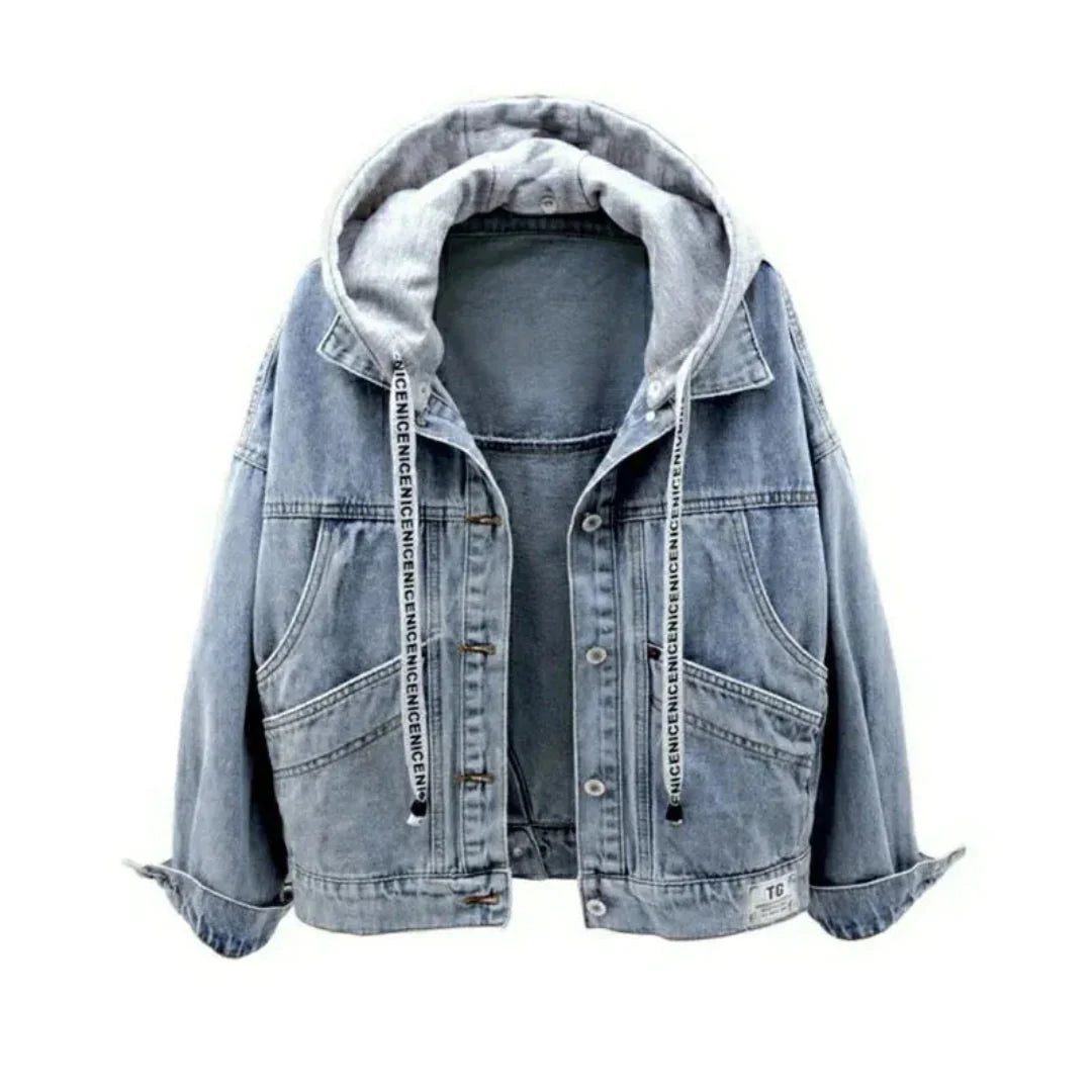 Fallon blue denim hooded jacket hybrid half-denim half-hoodie streetwear for men women