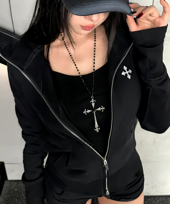 Collier de perles en métal noir et zircon à la mode avec croix graduée - Urbann-Vibe