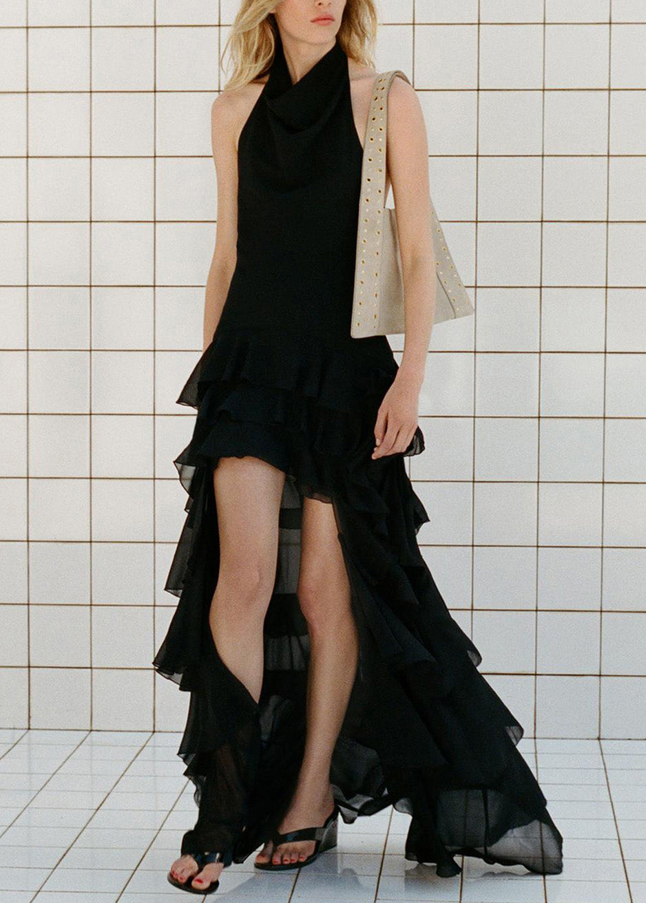 Robe en mousseline de soie noire à volants, coupe basse et haute, sans manches - Urbann-Vibe