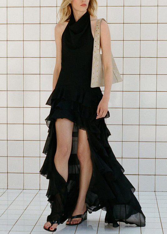 Robe en mousseline de soie noire à volants, coupe basse et haute, sans manches - Urbann-Vibe