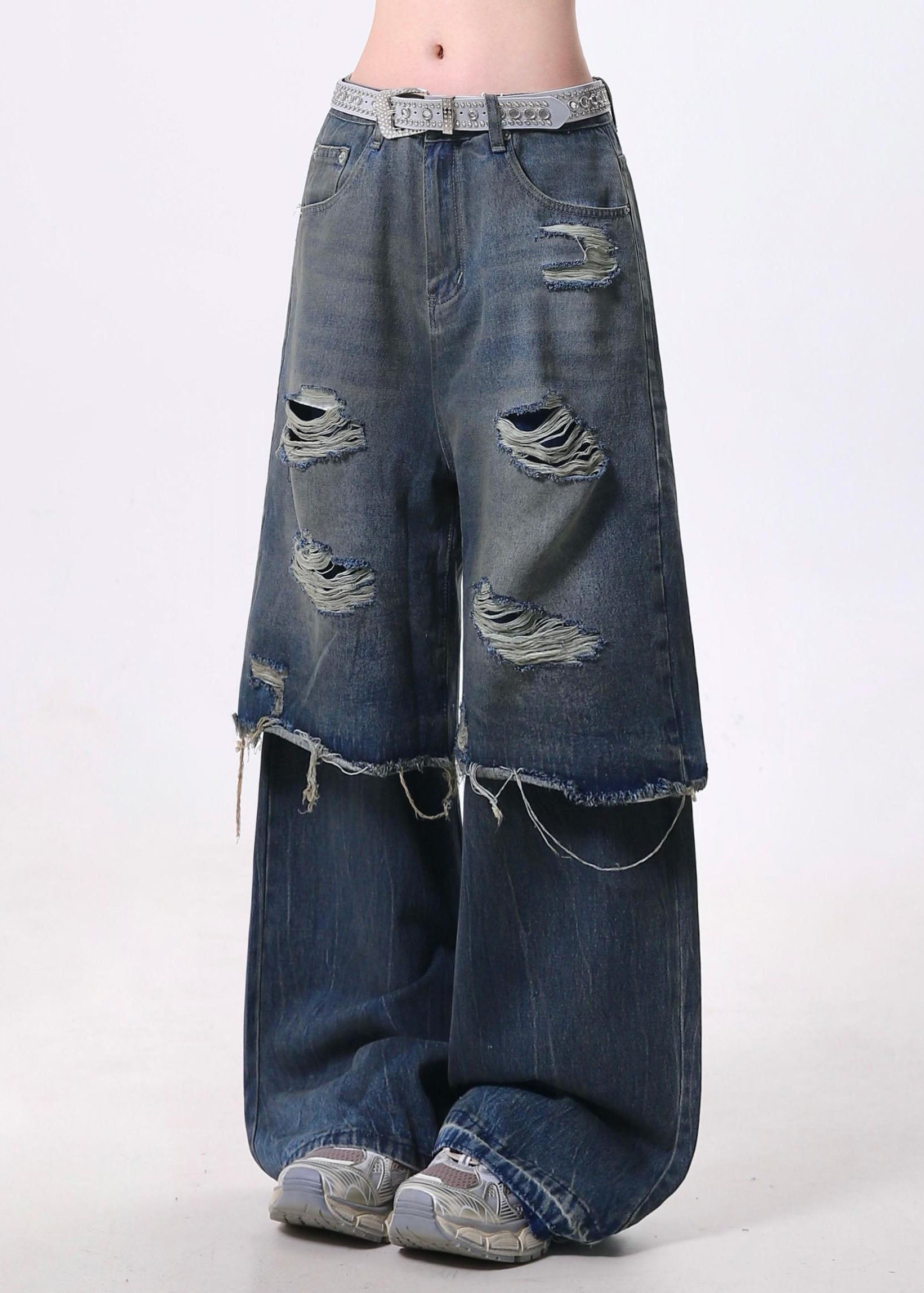 Pantalon en jean déchiré bleu à la mode, deux pièces, patchwork, printemps - Urbann-Vibe
