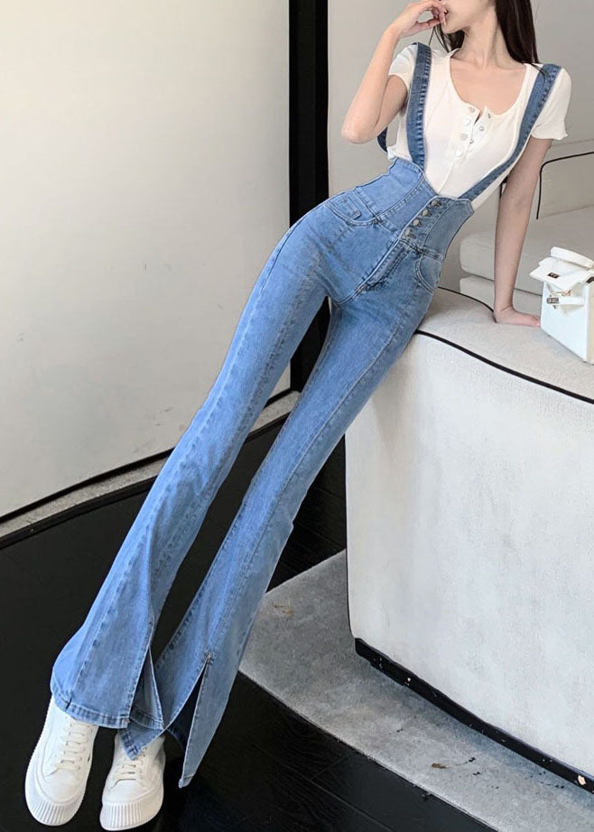 Pantalon évasé en denim bleu taille haute à bretelles tendance pour l'été - Urbann-Vibe