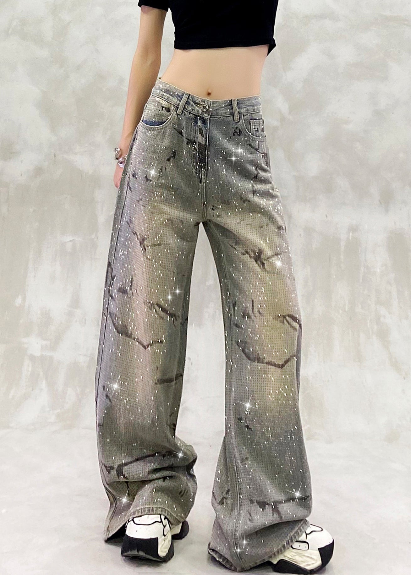Pantalon en jean bleu à poches et zircon, taille haute, automne - Urbann-Vibe