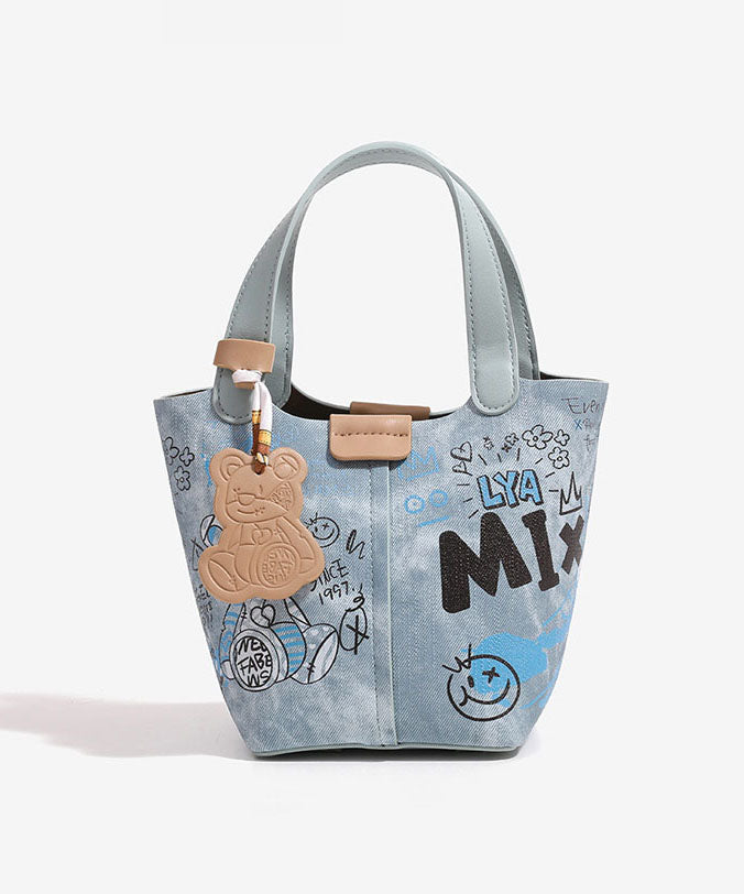 Sac seau en denim patchwork à imprimé bleu tendance - Urbann-Vibe