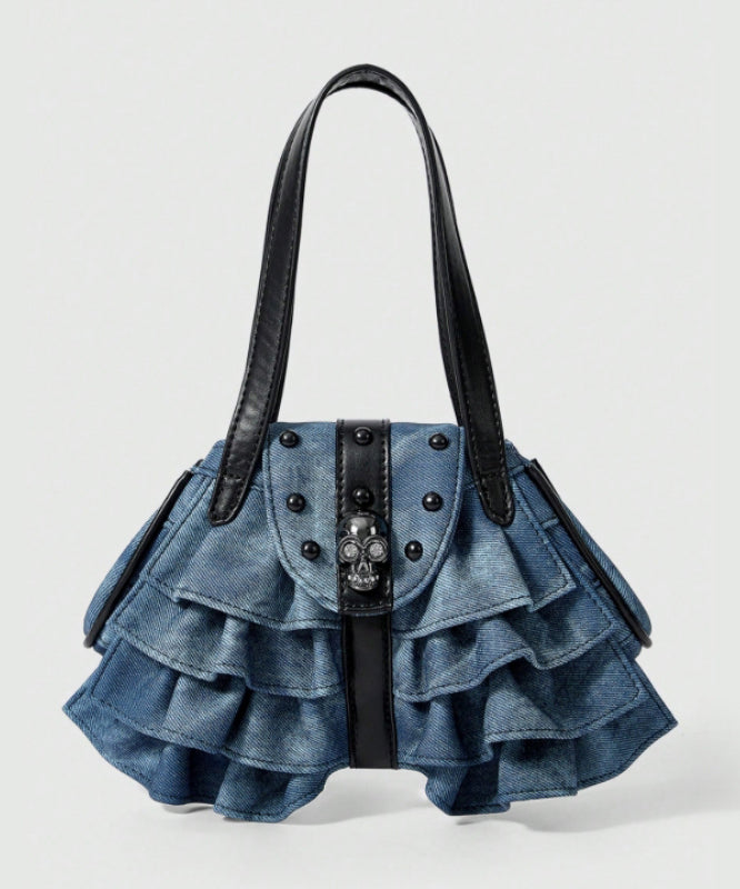 Sacs à bandoulière en denim patchwork à volants bleus tendance avec perles - Urbann-Vibe