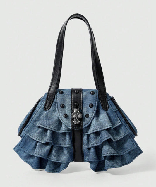 Sacs à bandoulière en denim patchwork à volants bleus tendance avec perles - Urbann-Vibe