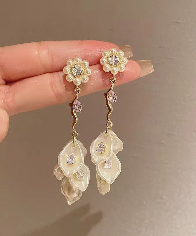 Boucles d'oreilles pendantes à pampilles en alliage d'or et zircon, motif floral et perles - Urbann-Vibe