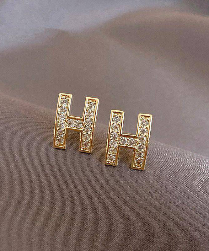 Boucles d'oreilles à tige tendance en alliage d'or et zircon avec motif graphique H - Urbann-Vibe