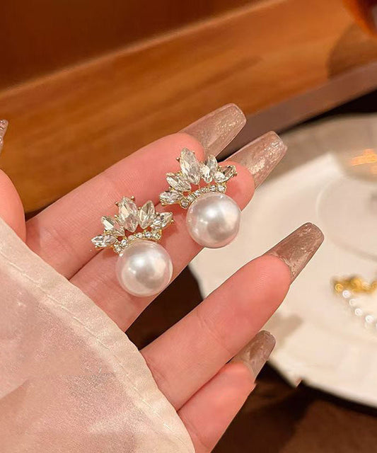 Boucles d'oreilles à tige tendance en alliage de cuivre doré et zircon, avec perles et feuilles - Urbann-Vibe