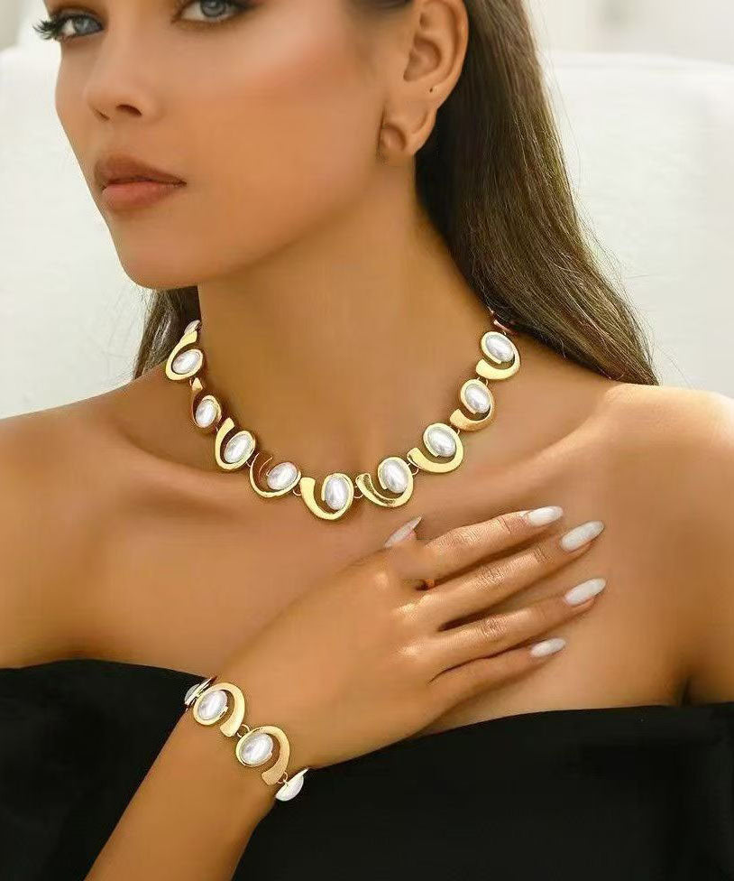 Ensemble deux pièces collier et bracelet chaîne en cuivre doré tendance - Urbann-Vibe