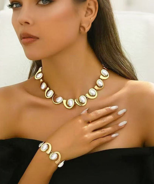 Ensemble deux pièces collier et bracelet chaîne en cuivre doré tendance - Urbann-Vibe
