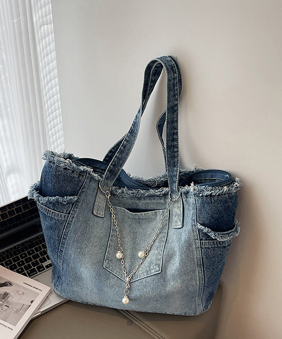Sacs à bandoulière en denim bleu dégradé à pompons, grande capacité - Urbann-Vibe