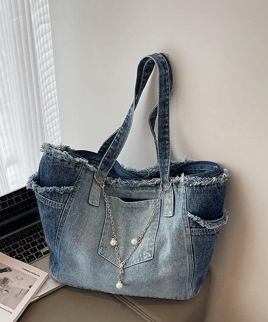 Sacs à bandoulière en denim bleu dégradé à pompons, grande capacité - Urbann-Vibe