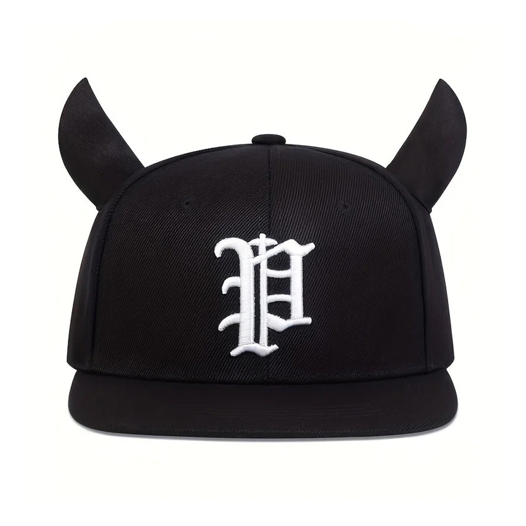 Black structured snapback hat with horned detail and gothic Philly embroidery for streetwear