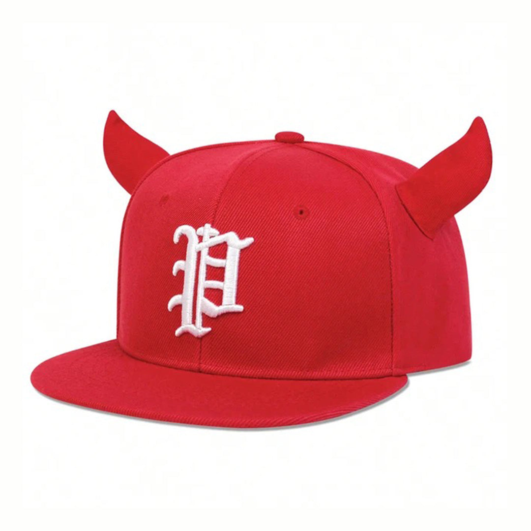 Black structured snapback hat with horned detail and gothic script embroidery for bold streetwear style