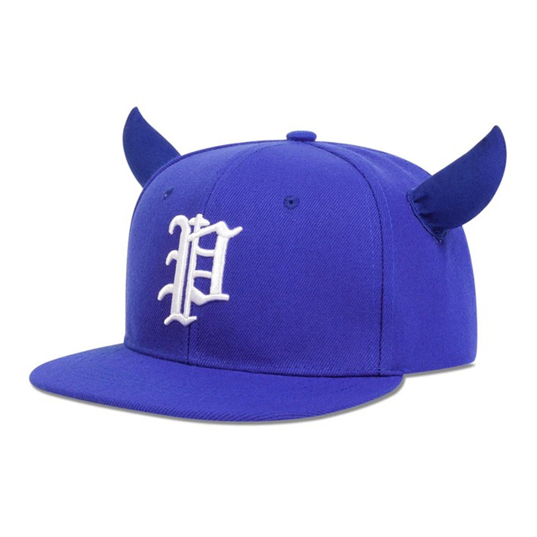 Black structured snapback hat with horned detail and gothic "Philly" embroidery for streetwear