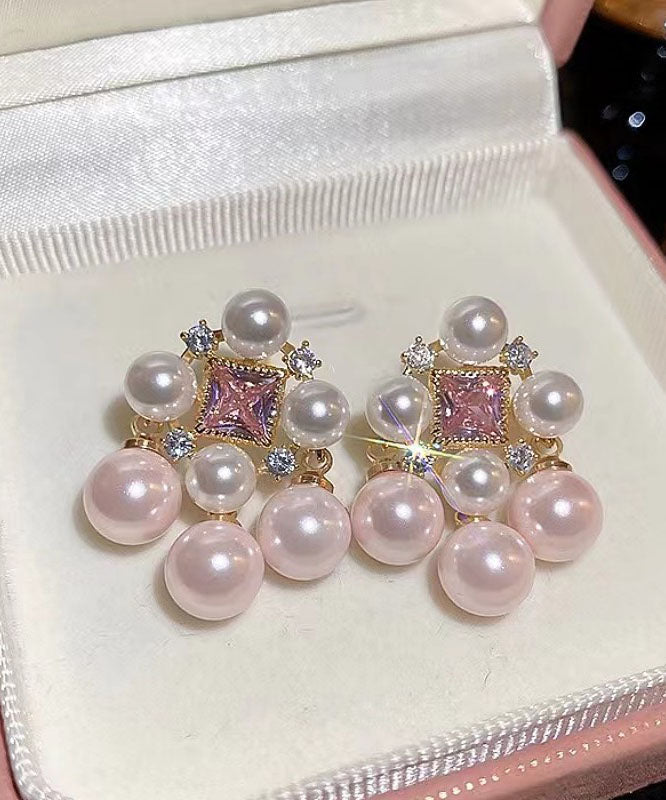 Boucles d'oreilles à tige creuses en alliage rose clair avec perles de zircone - Urbann-Vibe