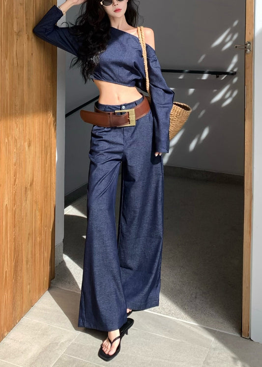 Ensemble deux pièces en jean bleu marine à une épaule et à la mode pour l'été - Urbann-Vibe