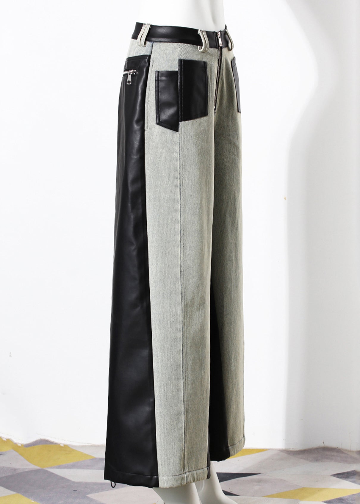 Pantalon large en denim patchwork similicuir avec poches tendance Automne - Urbann-Vibe