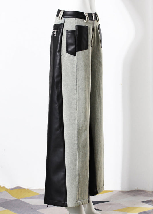 Pantalon large en denim patchwork similicuir avec poches tendance Automne - Urbann-Vibe