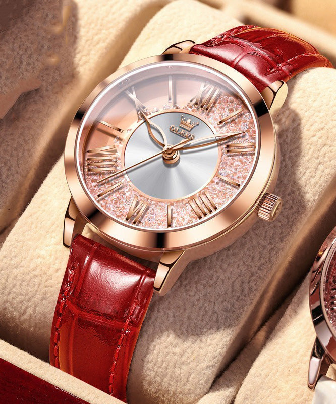 Montre à quartz en cuir rouge avec zircons dorés et étanche - Urbann-Vibe
