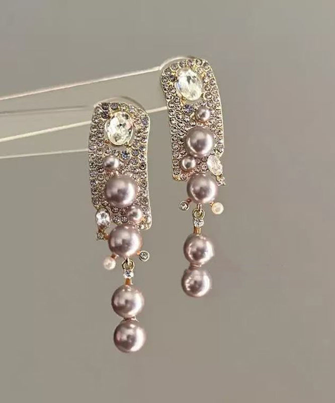 Boucles d'oreilles pendantes à pampilles en alliage de zircon et perles roses tendance - Urbann-Vibe