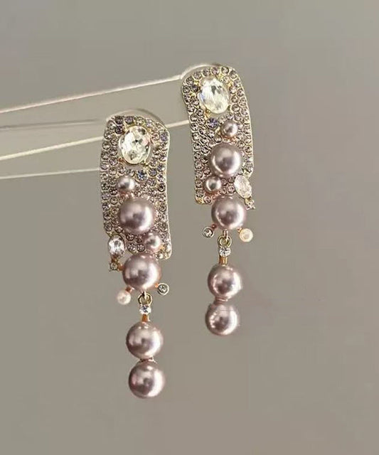 Boucles d'oreilles pendantes à pampilles en alliage de zircon et perles roses tendance - Urbann-Vibe