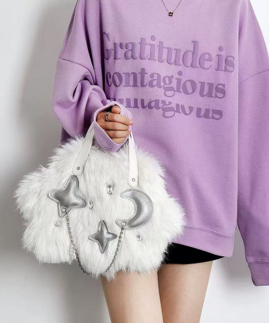 Sac à main fourre-tout tendance en fourrure blanche duveteuse avec chaîne - Urbann-Vibe