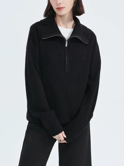 Women's half-zip knit sweater draped fit wide collar soft cozy everyday elegance