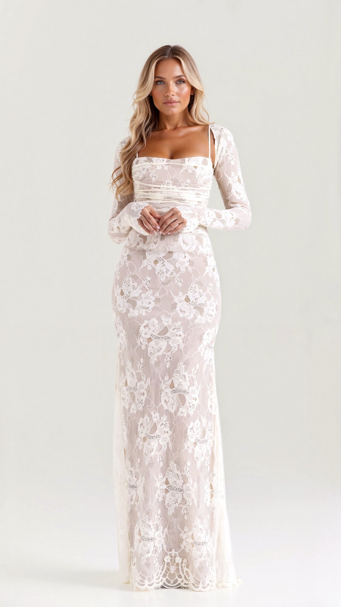 Women's black lace maxi dress, long sleeves, slim silhouette, floor-length elegant formal design