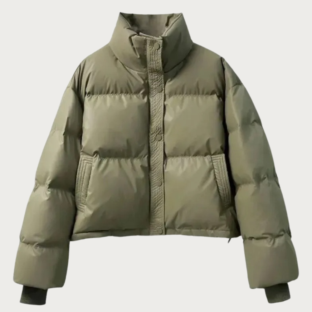 Women's cropped puffer jacket with detachable belt waist definition, fashionable warmth for cold winter days