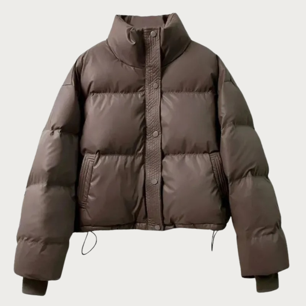 Women's cropped puffer jacket with detachable belt waist definition, stylish feminine warmth for winter