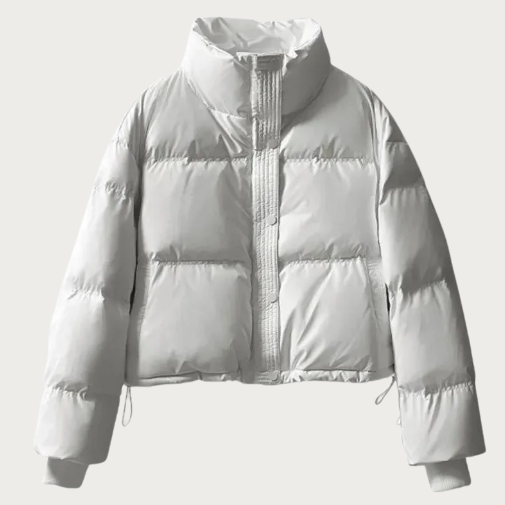 Women's cropped puffer jacket with detachable belt waist definition, feminine silhouette for cold winter days