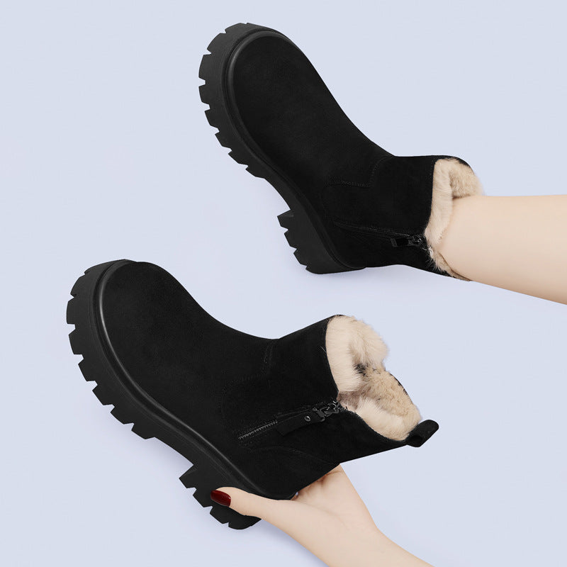 Women's faux fur lined ankle boots with chunky grippy sole, side zip, cozy winter warmth