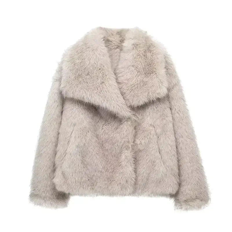 Women's fluffy faux fur jacket lightweight ivory oversized lapels plush texture modern minimalist style