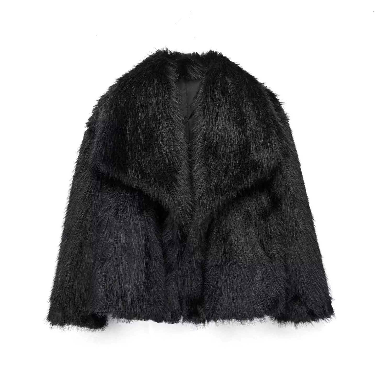 Women's fluffy faux fur jacket lightweight oversized lapels plush texture luxurious softness