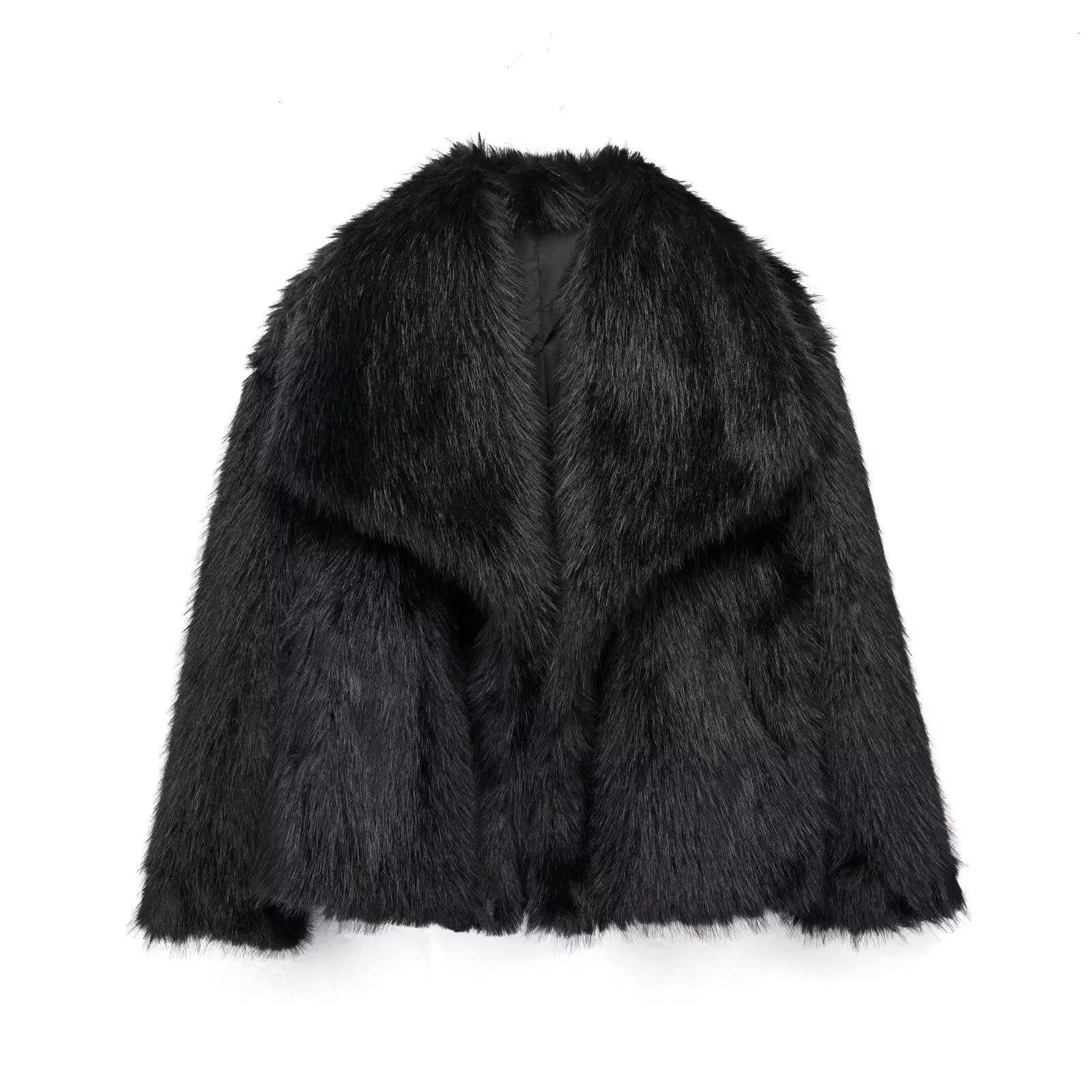 Women's fluffy faux fur jacket lightweight oversized lapels plush texture luxurious softness
