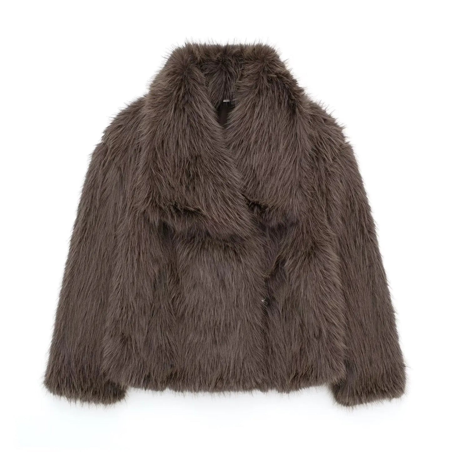 Women's fluffy faux fur jacket in neutral tone, lightweight oversized lapels, luxurious plush texture
