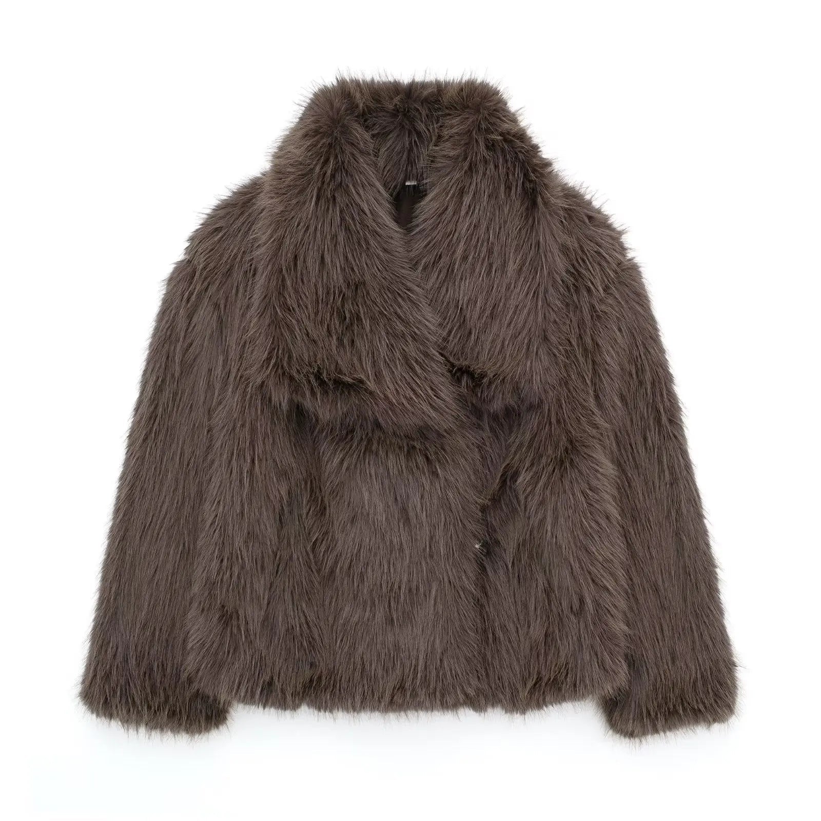 Women's fluffy faux fur jacket in neutral tone, lightweight oversized lapels, luxurious plush texture